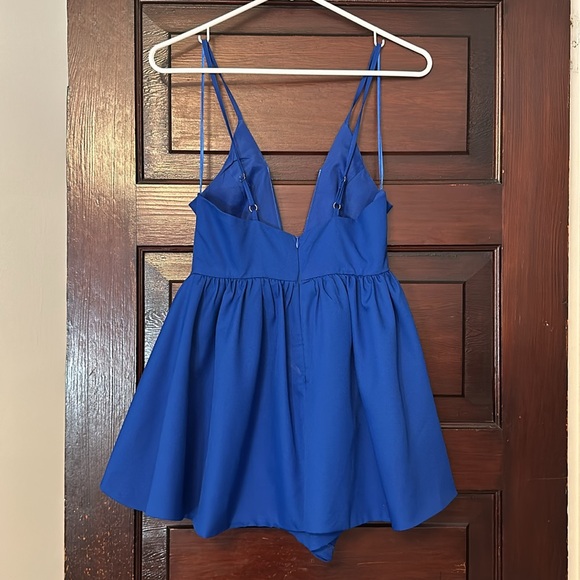 Asymmetrical Colbalt Blue Flouncy Deep V Romper - Picture 3 of 4